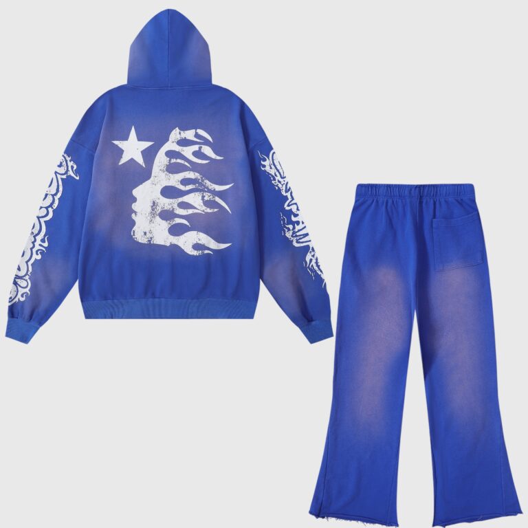 Back view of the Hellstar Studios Records Yoga Tracksuit in blue, featuring a white star and flame graphic design.