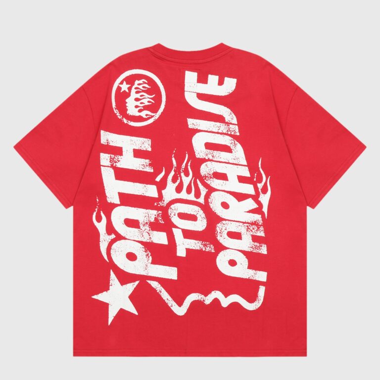 Red Hellstar Studios Jesus emblem t-shirt showing back with large distressed white vertical logo, flames and star