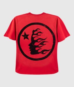 Red Hellstar Studios short sleeve t-shirt featuring a black circular graphic print with a flame face and star.