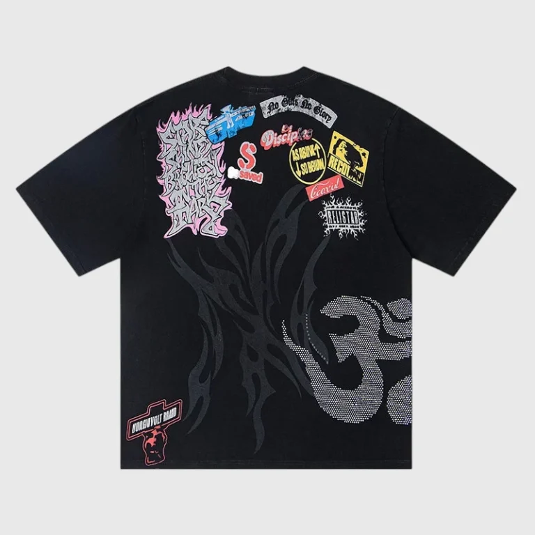 Back view of the black Hellstar Studios Screaming Kid graphic T-shirt featuring vintage-style patches and tribal art.