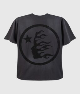 Back view of a black Hellstar Studios short sleeve unisex t-shirt featuring a flaming profile graphic design.