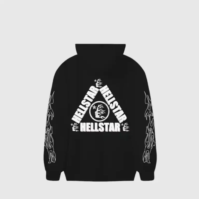 Black Hellstar Studios Sketch Hoodie featuring a bold triangle graphic on the back with artistic flame details.