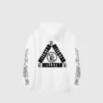 A white Hellstar Studios Sketch hoodie featuring a black triangle graphic with flames on the back view.