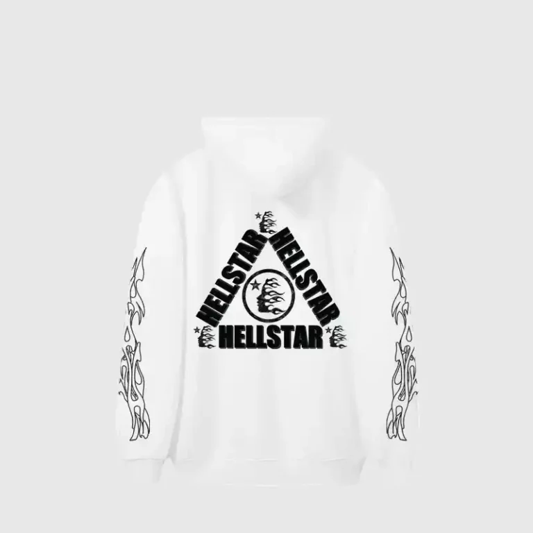 A white Hellstar Studios Sketch hoodie featuring a black triangle graphic with flames on the back view.