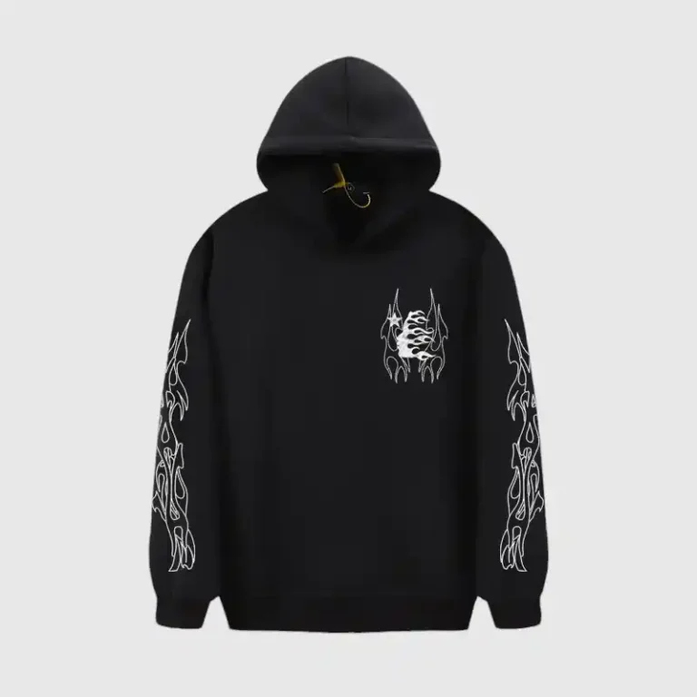 Front view of a black Hellstar Studios Sketch Hoodie featuring a unique white artistic graphic on the chest and sleeves.