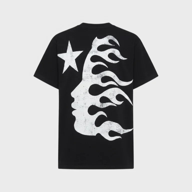 Back view of the Hellstar Studios Smiley Face T-Shirt featuring a white distressed graphic on black cotton fabric.
