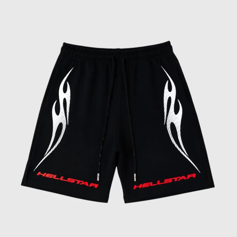 Black Hellstar Studios athletic shorts featuring white flame graphics and red Hellstar logo branding on the legs.