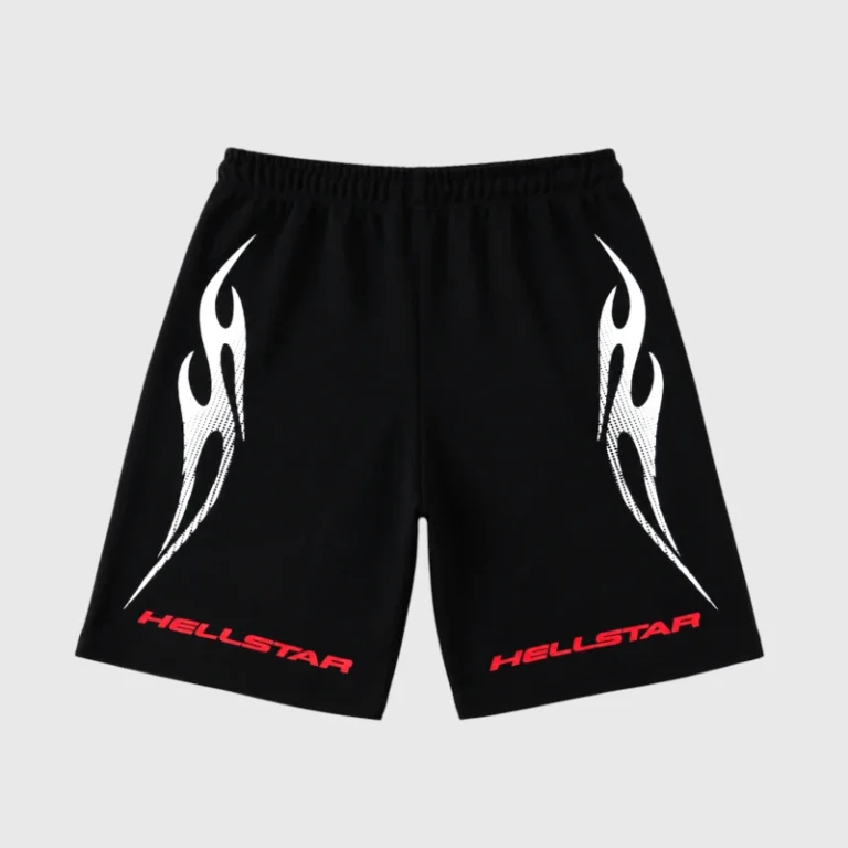Black Hellstar Studios sports shorts featuring a white flame graphic print and red brand logo on the front legs.