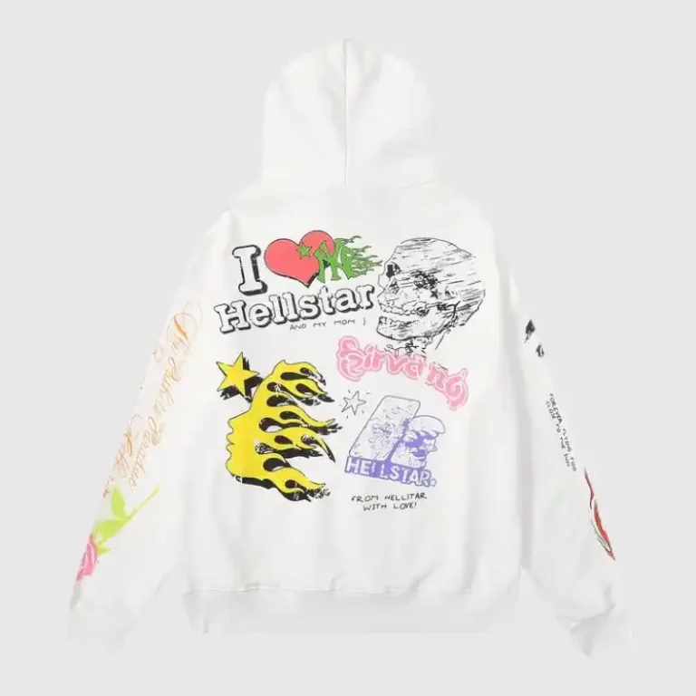 Back view of the Hellstar Studios Summer Love hoodie in white, featuring graphic screen print designs and a hood.