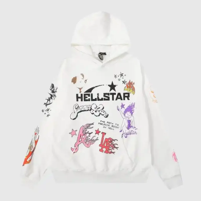 Front view of the white Hellstar Studios Summer Love hoodie featuring graphic screen prints and a drawstring hood.