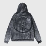 Back view of the Hellstar Studios washed grey hoodie featuring a large circular graphic print on the rear.