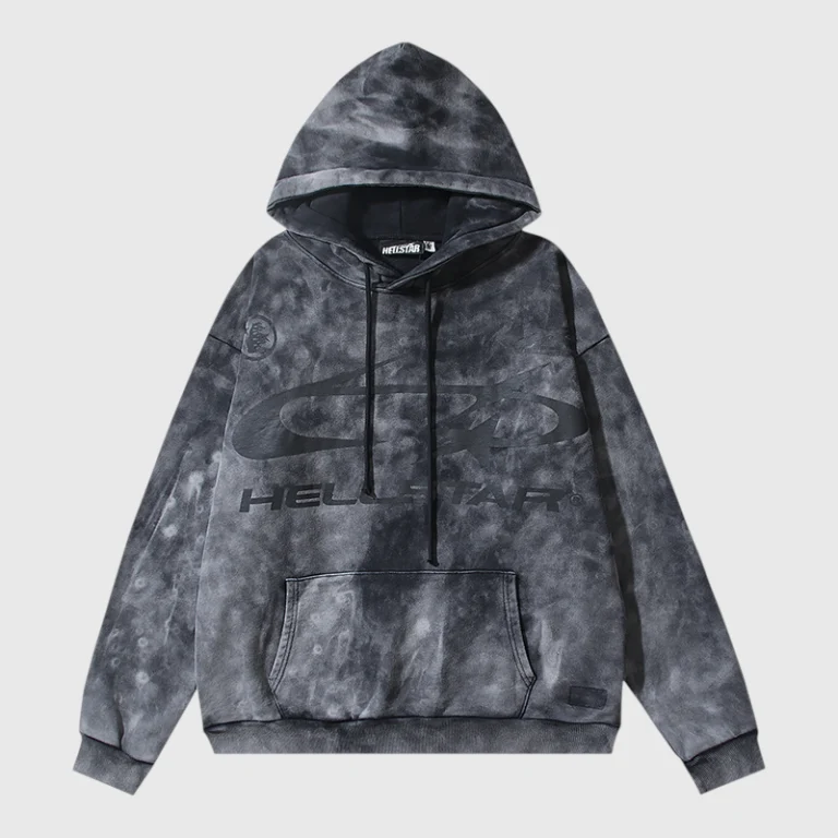 Hellstar Studios washed grey vintage-style hooded sweatshirt with iconic black logo graphic and drawstring details.