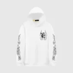 The white Hellstar Studios Sketch hoodie displays a black sketch chest graphic and detailed flame sleeve art.