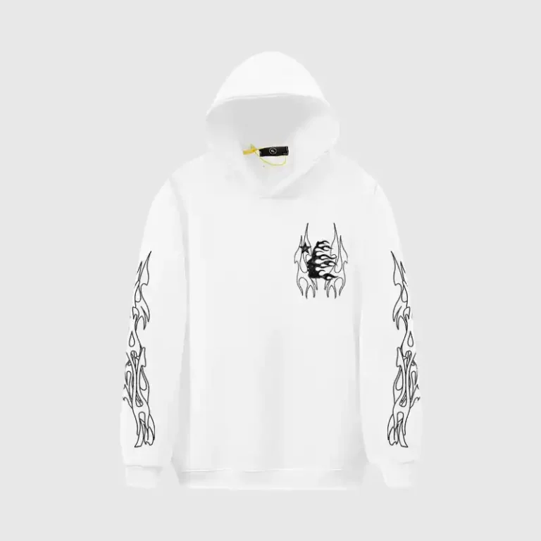The white Hellstar Studios Sketch hoodie displays a black sketch chest graphic and detailed flame sleeve art.