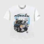 Front view of the white Hellstar Studios x Post Malone Austin t-shirt with a vintage car graphic and album branding.