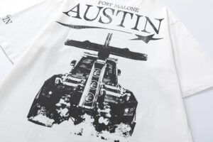 A vintage washed white Hellstar Studios x Post Malone Austin graphic t-shirt featuring a black screen print design.