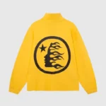 Yellow Hellstar Studios zipper sweater featuring a circular back graphic of a face with flame hair and a star