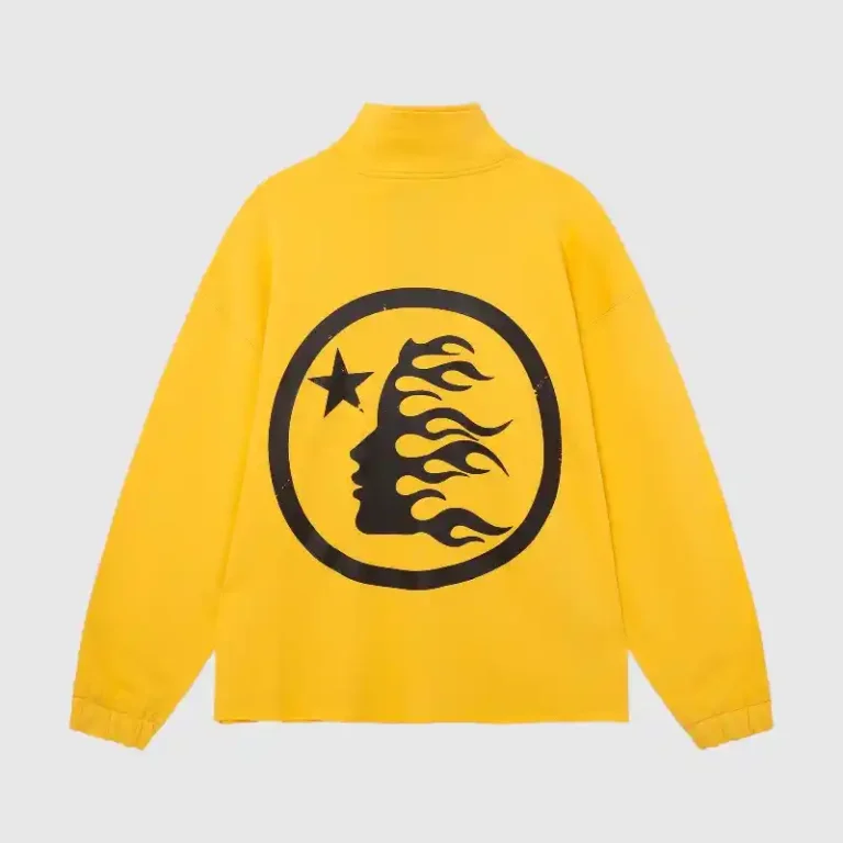 Yellow Hellstar Studios zipper sweater featuring a circular back graphic of a face with flame hair and a star