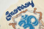 Beige Hellstar Studios Yoga T-shirt showing the back graphic with blue lettering and serene figures in yoga poses.