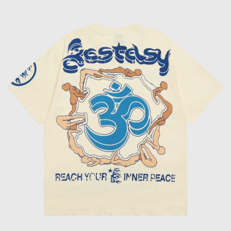 Hellstar Studios beige yoga tee back print with large blue Om, intertwined yoga figures and "Reach Your Inner Peace" slogan