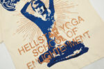 Beige Hellstar Studios Yoga T-Shirt featuring the School of Enlightenment blue and bronze graphic design print.