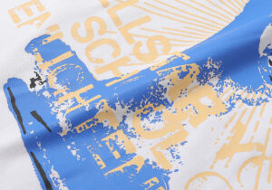 Close up view of the Hellstar Studios Yoga T-Shirt in white featuring detailed blue and beige graphic screen printing.