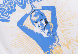 Close-up graphic of the Hellstar Studios Yoga T-Shirt in white featuring a serene yoga pose with blue and yellow accents