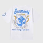 White Hellstar Studios yoga T-shirt back with blue Om, circular yellow yogi illustrations and "Reach Your Inner Peace" slogan