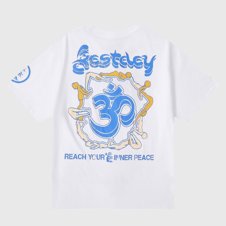White Hellstar Studios yoga T-shirt back with blue Om, circular yellow yogi illustrations and "Reach Your Inner Peace" slogan