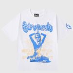 Hellstar Studios white yoga T-shirt front view with blue vintage yoga graphic and Hellstar Yoga School of Enlightenment text