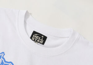 Close-up of the Hellstar Studios white Yoga T-shirt neckline with the official brand name label stitched inside.