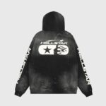 Back view of the black Hellstar Studios zip hoodie featuring a vintage washed finish and graphic logo print.