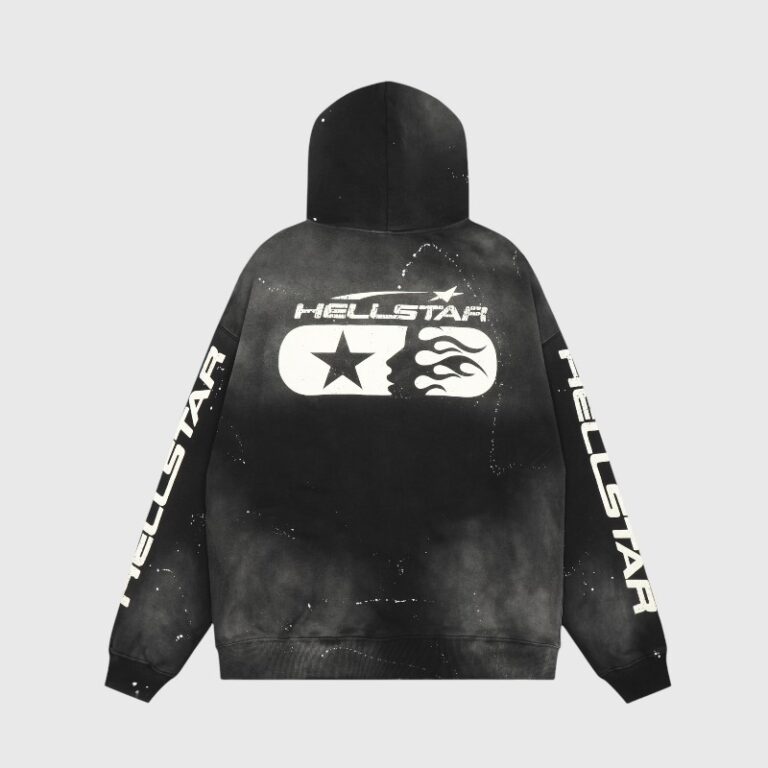 Back view of the black Hellstar Studios zip hoodie featuring a vintage washed finish and graphic logo print.