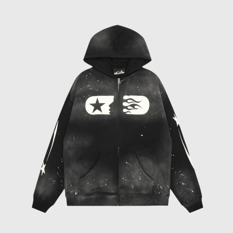 Front view of the Hellstar Studios black zip-up hoodie featuring a white star and flame graphic on the chest.
