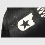 Hellstar Studios black zip-up hoodie featuring a white star graphic print and vintage washed fleece fabric detail.