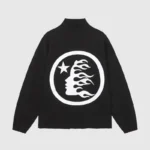 Back view of the Hellstar Studios black zipper sweater featuring a white circular flame graphic and star logo.