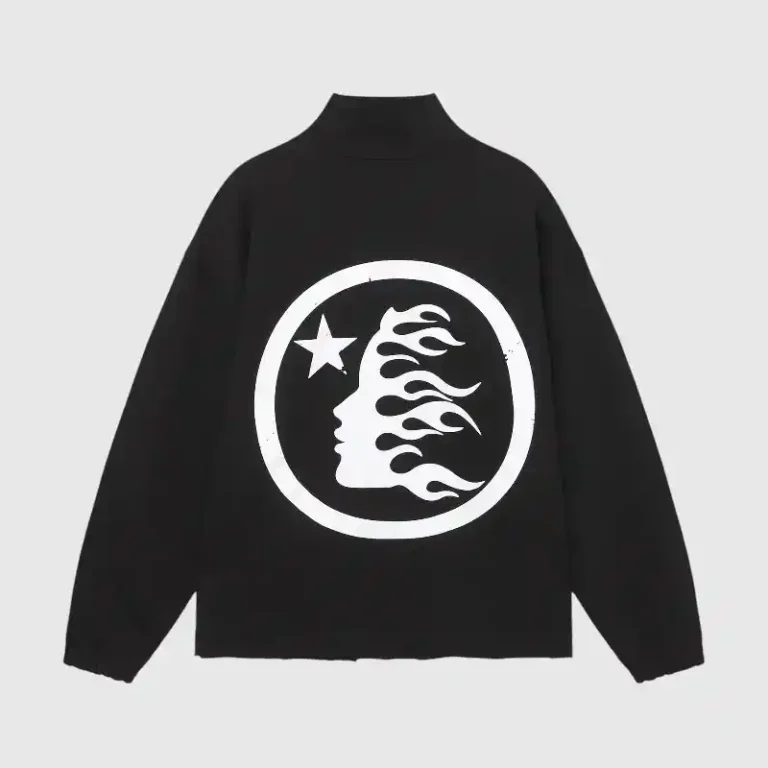 Back view of the Hellstar Studios black zipper sweater featuring a white circular flame graphic and star logo.