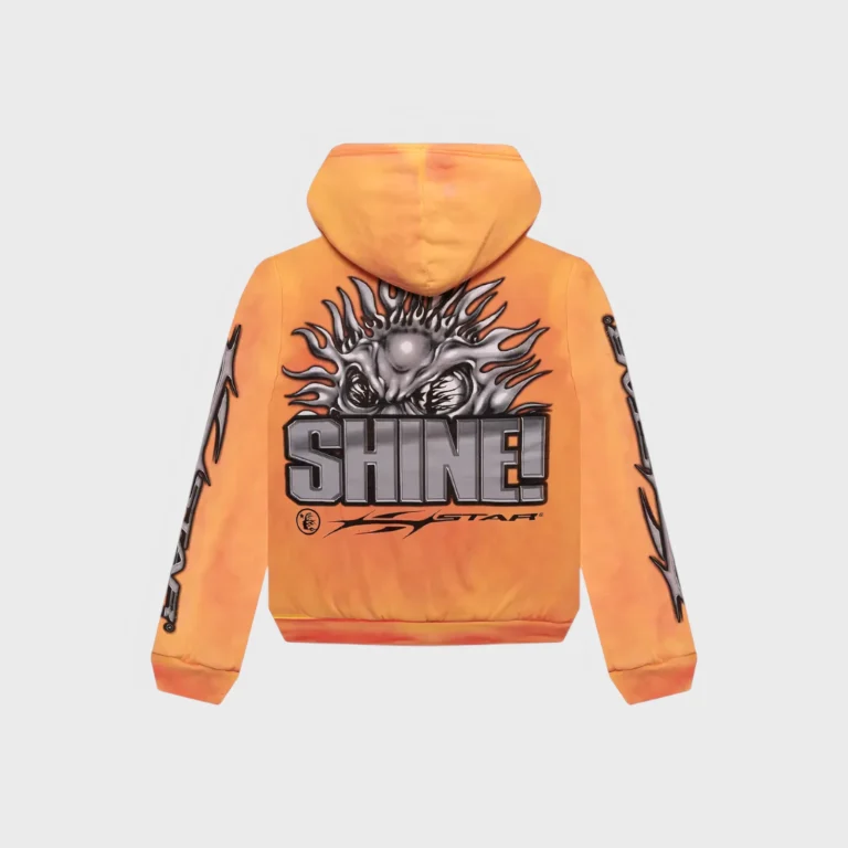 Back view of the orange Hellstar Sun zip-up hoodie featuring a bold silver Shine graphic design on the back.