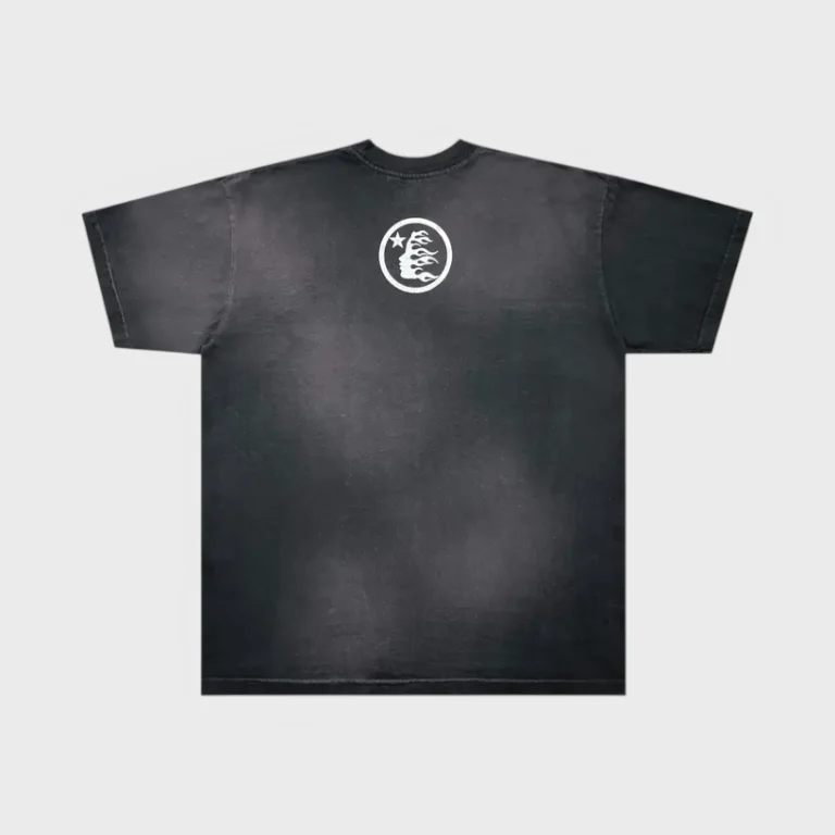 Back view of the black Hellstar Superhero T-Shirt featuring a circular graphic with a flaming profile and a star logo