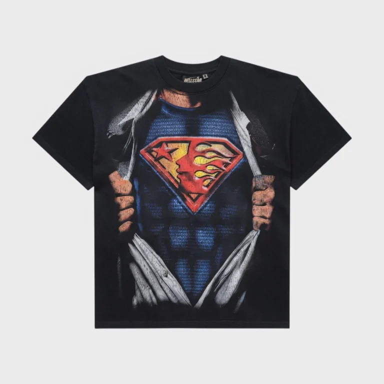 Front view of a black Hellstar graphic t-shirt featuring a ripped chest design with a stylized red and yellow superhero logo.