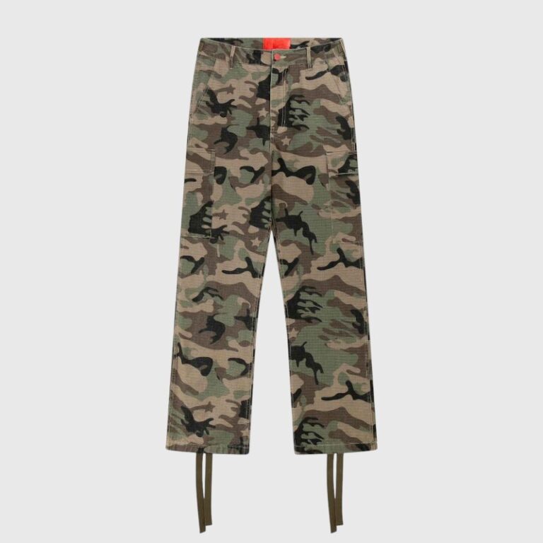 Hellstar Supreme Cargo Camo Pants featuring durable utility design with adjustable cuffs and classic camouflage print.