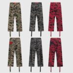 Hellstar Supreme Cargo Camo Pants collection in various colorways, showcasing front and back views of streetwear designs.