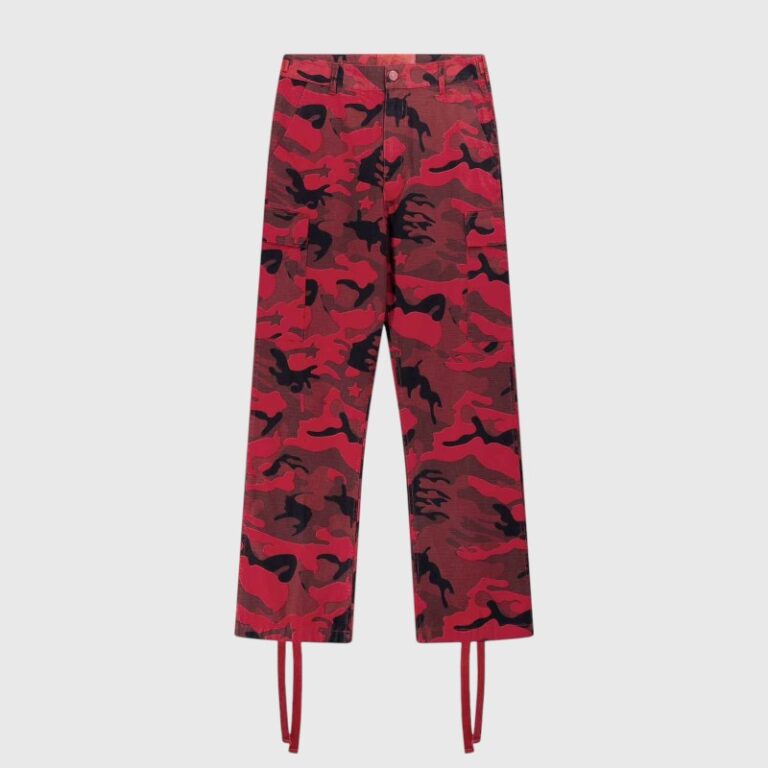 Hellstar Supreme cargo pants featuring a bold red camouflage print design, button closure, and utility pockets.