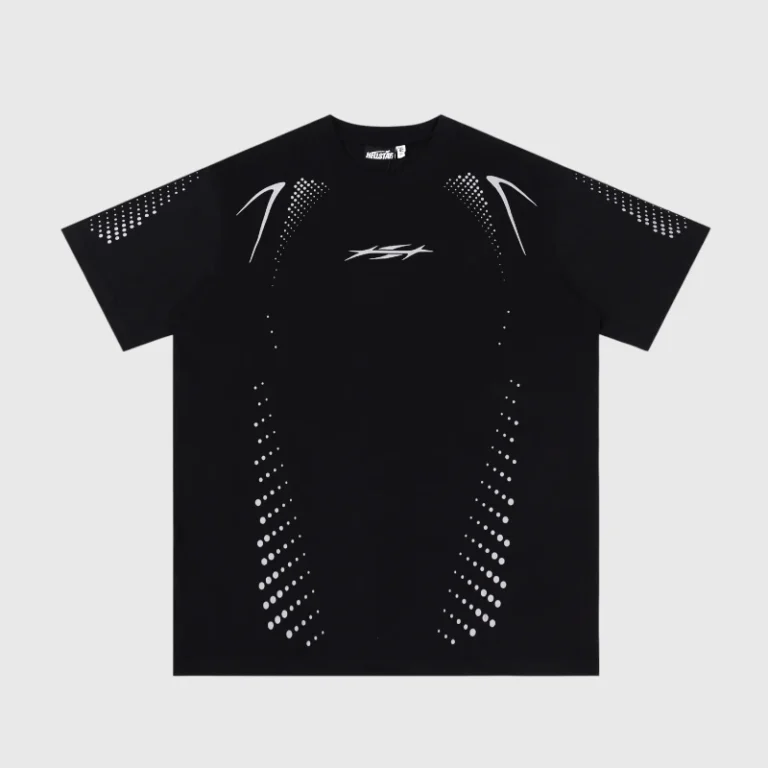 A black Hellstar Tech t-shirt featuring white graphic prints and dotted patterns on the front and sleeves.