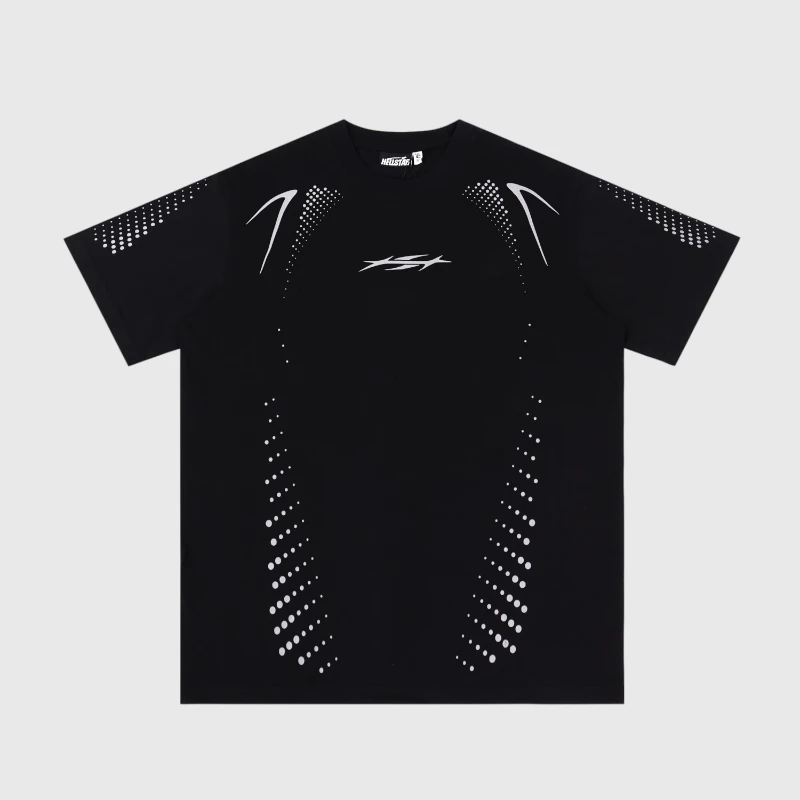 Hellstar Tech Black T Shirt A black Hellstar Tech t-shirt featuring white graphic prints and dotted patterns on the front and sleeves.