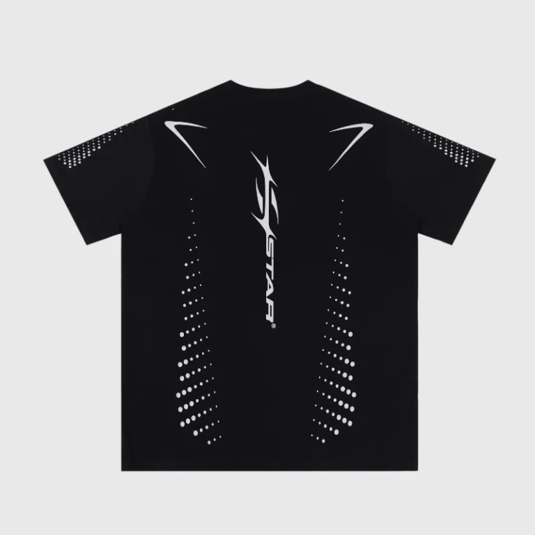 Back view of the black Hellstar Tech T-shirt featuring a modern, white, tactical-inspired graphic print on cotton.