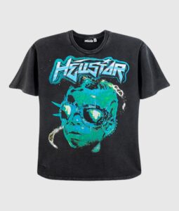 Hellstar The Future Iconic Tee Shirt in black with a vintage washed effect and a vibrant graphic screen print design.