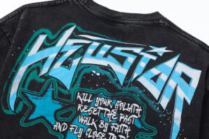 Back view of the Hellstar The Future Iconic vintage washed black t-shirt featuring a blue and teal graphic print.