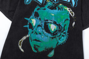 Hellstar The Future Iconic vintage washed black t-shirt with a detailed green graphic print design on the front.