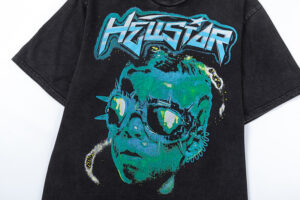 Black Hellstar The Future Iconic t-shirt with a blue and green graphic featuring a face wearing spiked goggles